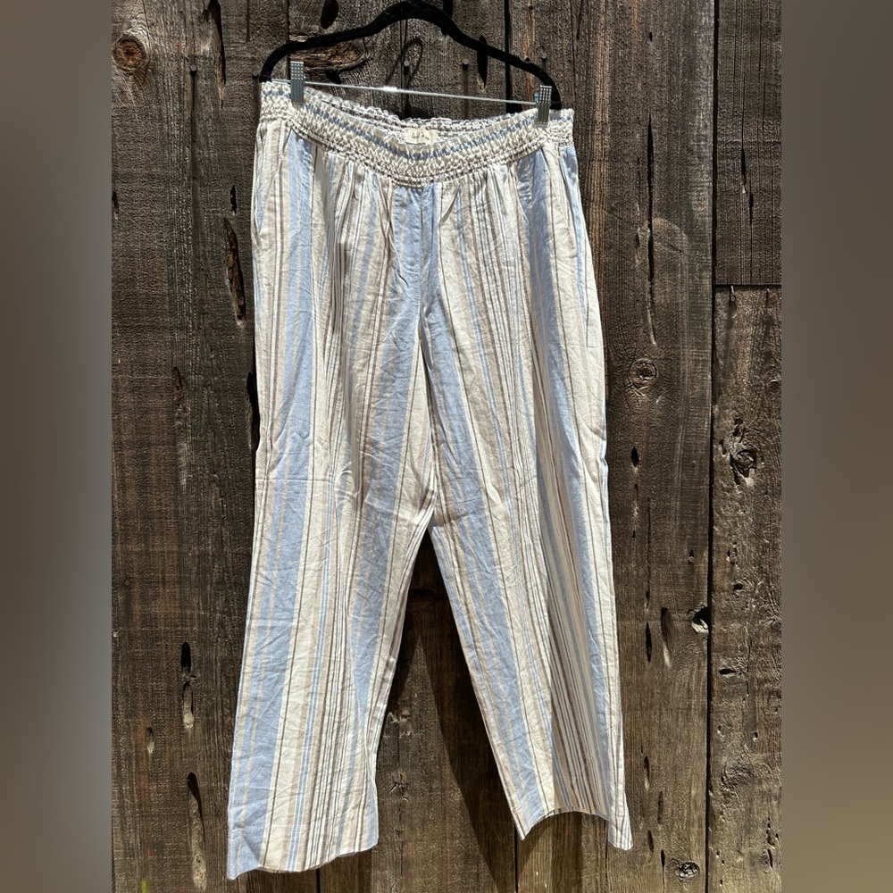 Land n Sea Linen Blend Striped Blue Tan White Coastal Beach Pants